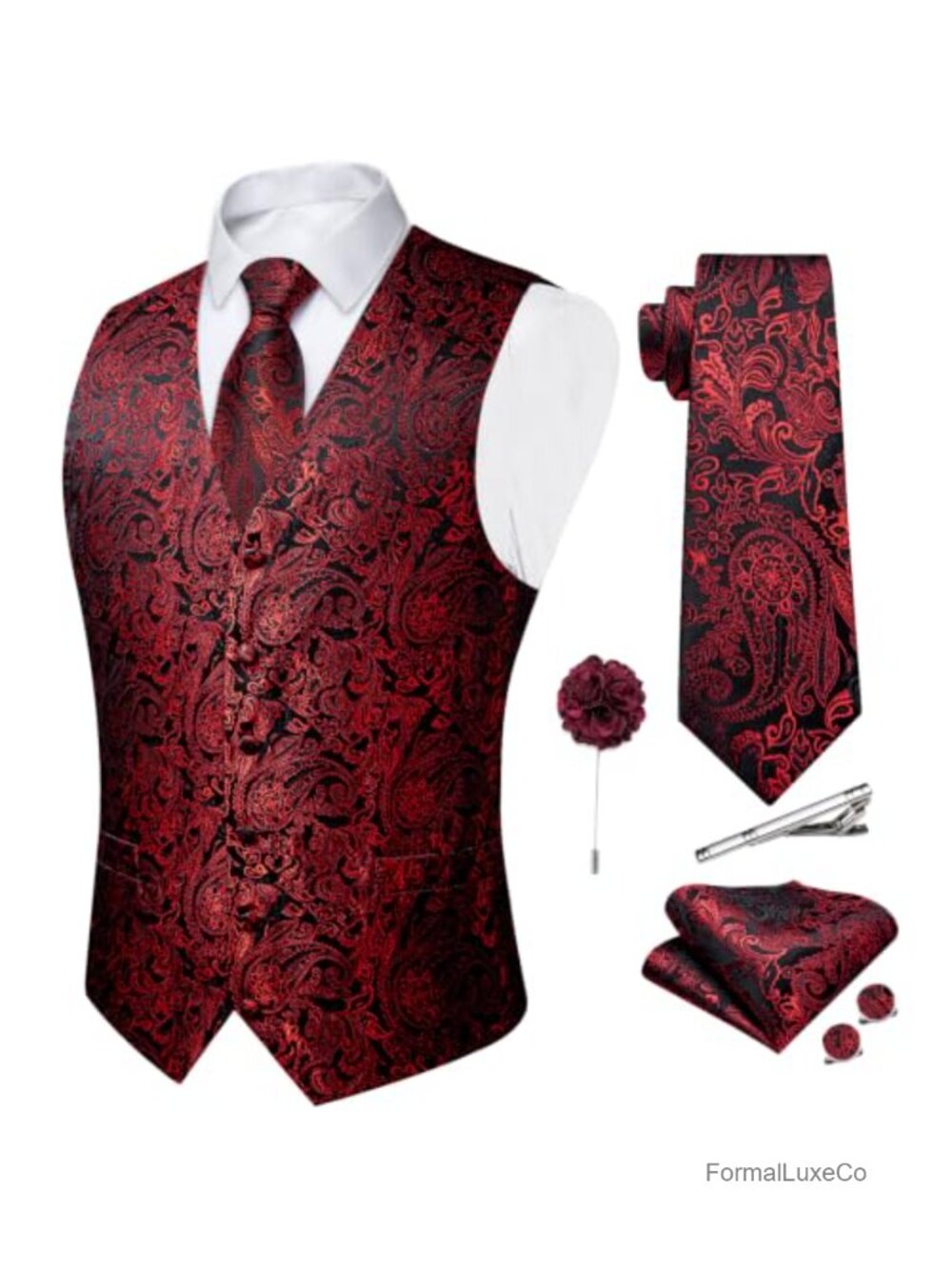 Mens Paisley Vest Tie Set Silk Blend 6-Piece Formal Waistcoat